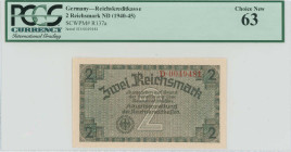 GREECE: 2 Reichsmark (ND 1941) in green and brown on grey and light brown unpt. Eagle with swastika at bottom left center on face. German treasury not...