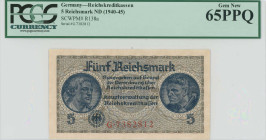 GREECE: 5 Reichsmark (ND 1941) in dark blue on gray and brown unpt. Eagle with swastika at bottom left center on face. German treasury note issued for...