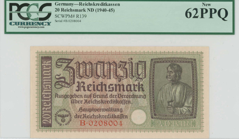GREECE: 20 Reichsmark (ND 1941) in dark brown on red-brown and pale olive unpt. ...