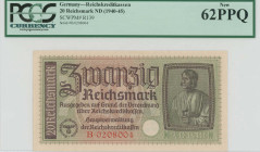 GREECE: 20 Reichsmark (ND 1941) in dark brown on red-brown and pale olive unpt. "The Architect" by A Durer at right on face. German treasury note issu...