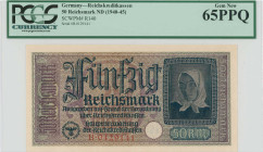 GREECE: 50 Reichsmark (ND 1941) in blue-black on dull violet unpt. Portrait of German farmer woman at right on face. German treasury note issued for o...