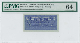 GREECE: 1 Reichpfennig (ND 1944) in dark blue with eagle. Small swastika in unpt at center on face. Wermacht notes of German armed forces handstamped ...