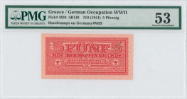 GREECE: 5 Reichpfennig (ND 1944) in dark red. Eagle with small swastika in unpt at center on face. Wermacht notes of German armed forces handstamped i...