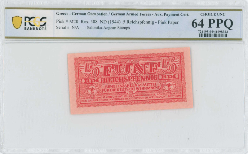GREECE: 5 Reichpfennig (ND 1944) in dark red. Eagle with small swastika in unpt ...