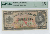 GREECE: BULGARIA: 1000 Leva (1925) in brown on multicolor unpt. Portrait of King Boris III at right on face. S/N: "A 037483". Printed by BWC. Inside h...