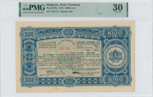 GREECE: BULGARIA: 1000 Leva (15.1.1944) State treasury bond in blue on green and purple unpt. Coat of arms at right. S/N: "735715". Printed by State P...