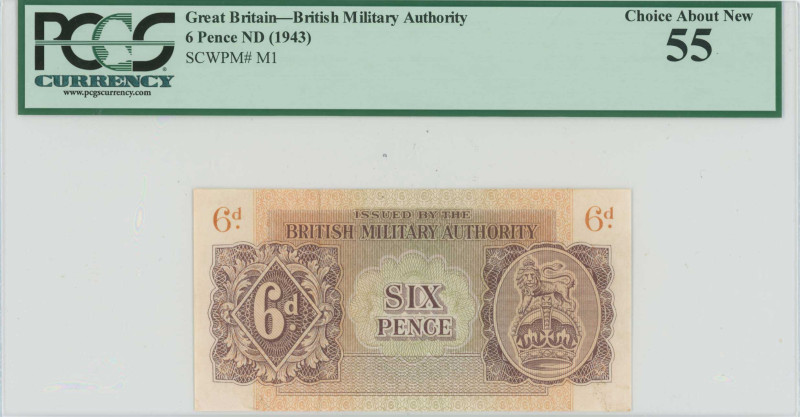 GREECE: 6 Pence (circulated in Greece in 1944) in red-brown on green and orange ...