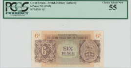 GREECE: 6 Pence (circulated in Greece in 1944) in red-brown on green and orange unpt. Coat of arms of the British army at right on face. Printed by th...