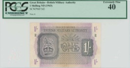 GREECE: 1 Shilling (circulated in Greece in 1944) in black on gray and violet unpt. Coat of arms of the British army at left on face. Block "R" (GREEC...