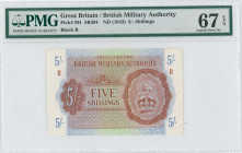 GREECE: 5 Shilings (circulated in Greece in 1944) in brown on blue and green unpt. Coat of arms of the British army at right on face. Block "R" (GREEC...