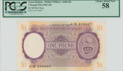 GREECE: 1 Pound (circulated in Greece in 1944) in purple on orange and green unpt. Coat of arms of the British army at right on face. S/N: "41R 246827...