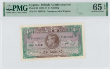 CYPRUS: 1 Shilling (25.8.1947) in brown and green. Portrait of King George VI at center on face. S/N: "D/1 309023". Inside holder by PMG "Gem Uncircul...