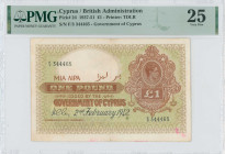 CYPRUS: 1 Pound (2.2.1942) in brown on green unpt. Portrait of King George VI at upper right on face. S/N: "F/3 344465". Printed by (TDLR). Inside hol...