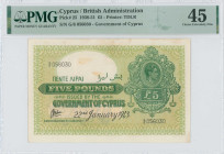 CYPRUS: 5 Pounds (22.1.1943) in green. Portrait of King George VI at upper right on face. S/N "G/6 056030". Printed by (TDLR). Inside holder by PMG "C...