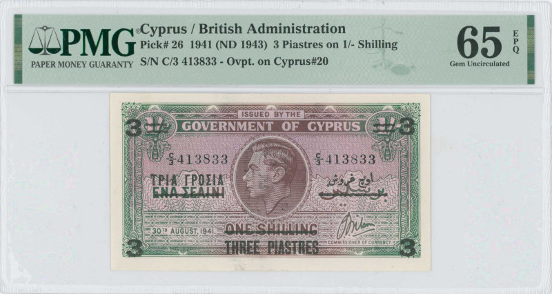 CYPRUS: 3 Piastres overprinted on 1 Shilling (Pick #20) (ND 1943 / old date 30.8...