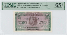CYPRUS: 3 Piastres overprinted on 1 Shilling (Pick #20) (ND 1943 / old date 30.8.1941) in brown and green. Portrait of King George VI at center on fac...