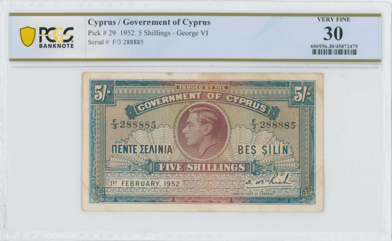 CYPRUS: 5 Shillings (1.2.1952) in brown-violet and blue. Portrait of King George...