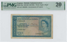 CYPRUS: 250 Mils (1.3.1960) in blue on multicolor unpt. Portrait of Queen Elizabeth II at right on face. S/N: "A/11 058229". WMK: Eagle head. Inside h...