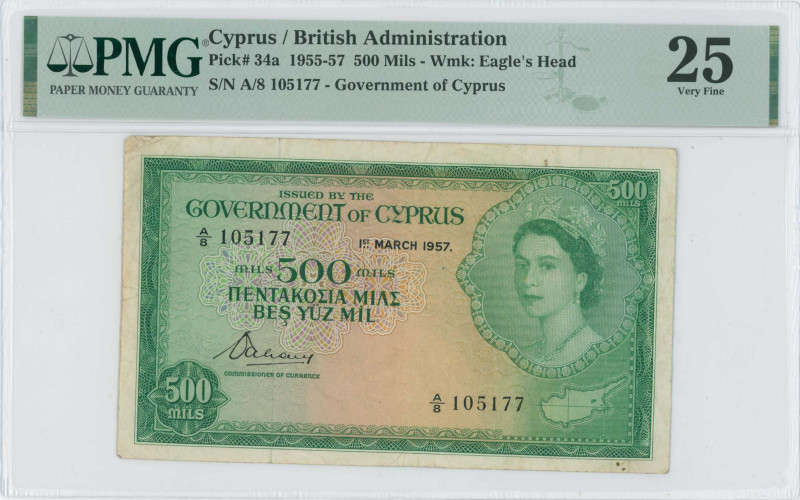 CYPRUS: 500 Mils (1.3.1957) in green on multicolor unpt. Portrait of Queen Eliza...