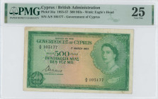 CYPRUS: 500 Mils (1.3.1957) in green on multicolor unpt. Portrait of Queen Elizabeth II at right and map of Cyprus at lower right on face. S/N "A/8 10...