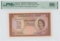 CYPRUS: 1 Pound (1.6.1955) in brown on multicolor unpt. Portrait of Queen Elizabeth II at right and map at lower right on face. S/N: "A/2 042613". WMK...