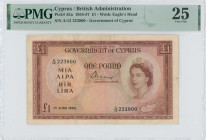 CYPRUS: 1 Pound (1.6.1955) in brown on multicolor unpt. Portrait of Queen Elizabeth II at right and map at lower right on face. S/N: "A/12 223800". WM...