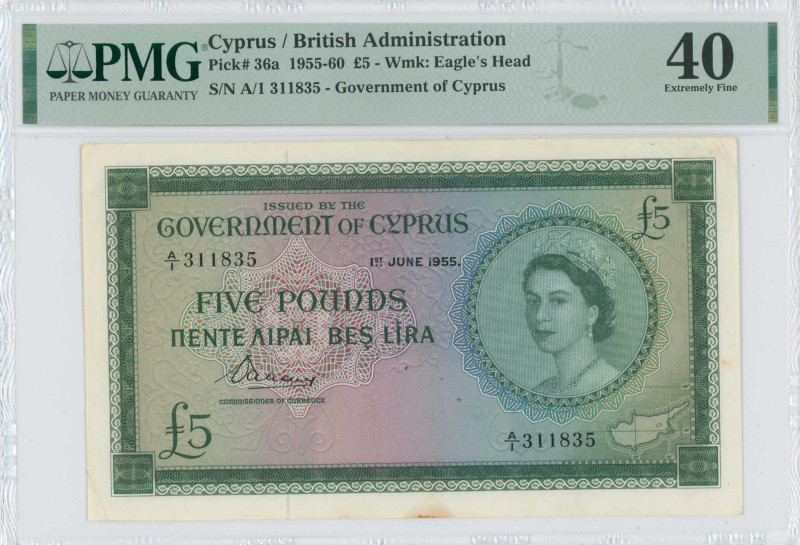 CYPRUS: 5 Pounds (1.6.1955) in green on multicolor unpt. Portrait of Queen Eliza...