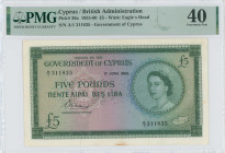 CYPRUS: 5 Pounds (1.6.1955) in green on multicolor unpt. Portrait of Queen Elizabeth II at right and map at lower right on face. S/N: "A/1 311835". WM...