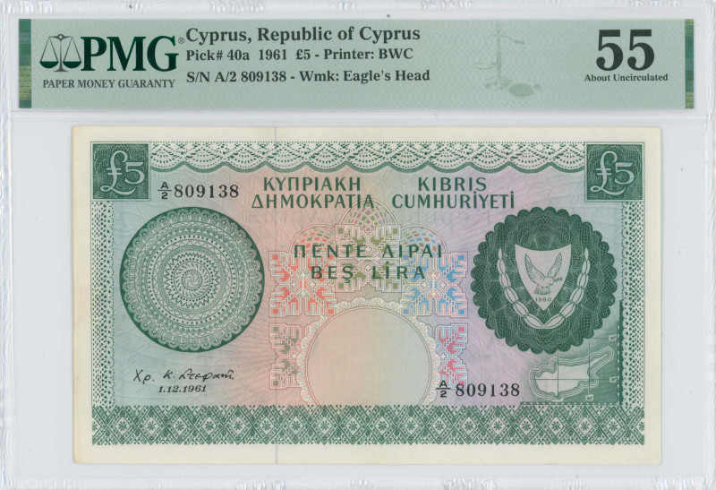 CYPRUS: 5 Pounds (1.12.1961) in dark green on multicolor unpt. Arms at right and...