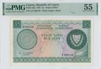 CYPRUS: 5 Pounds (1.12.1961) in dark green on multicolor unpt. Arms at right and map of Cyprus at lower right on face. S/N: "A/2 809138". WMK: Eagle h...
