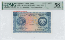 CYPRUS: Specimen of 250 Mils (1.8.1964) in blue on multicolor unpt. Fruit at left, arms at right, map at lower right on face. S/N: "C/13 000000". Red ...