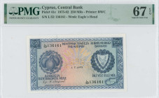 CYPRUS: 250 Mils (1.7.1975) in blue on multicolor unpt. Fruit at left and arms at right on face. S/N: "L/52 136161". WMK: Eagle Head. Printed by (BWC)...