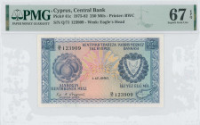 CYPRUS: 250 Mils (1.12.1980) in blue on multicolor unpt. Fruits at left and coat of arms at right on face. S/N: "Q/71 123909". WMK: Eagle head. Printe...