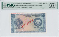 CYPRUS: Specimen of 250 Mils (ND 1964-82) in blue on multicolor unpt. Fruit at left and arms at right on face. Red ovpt "SPECIMEN OF NO VALUE" on uppe...