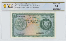 CYPRUS: 500 Mils (1.5.1973) in green on multicolor unpt. Coat of arms at right on face. S/N: "H/29 024058". WMK: Eagle head. Printed by (BWC). Inside ...