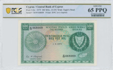 CYPRUS: 500 Mils (1.9.1979) in green on multicolor unpt. Coat of arms at right on face. S/N: "M/49 068009". WMK: Eagle head. Printed by (BWC). Inside ...