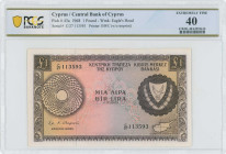 CYPRUS: 1 Pound (1.3.1968) in brown on multicolor unpt. Coat of arms at right on face. S/N: "C/27 113593". WMK: Eagle head. Printed by (BWC). Inside h...