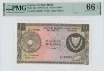CYPRUS: 1 Pound (1.8.1976) in brown on multicolor. Coat of arms at right on face. S/N: "K/90 179300". WMK: Eagle head. Printed by (BWC). Inside holder...