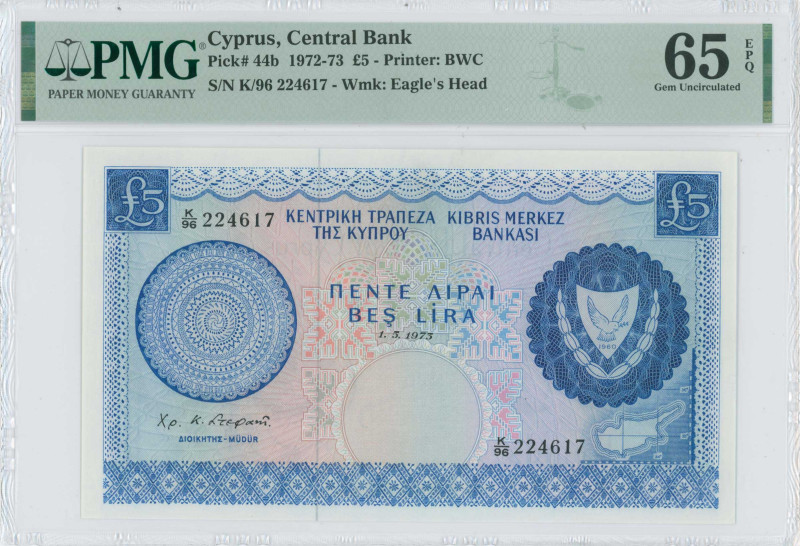 CYPRUS: 5 Pounds (1.5.1973) in blue on multicolor unpt. Coat of arms at right on...