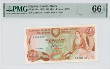 CYPRUS: 500 Mils (1.6.1982) in light brown on green and multicolor unpt. Woman seated at right and arms at top center-left on face. S/N: "A 186158". W...