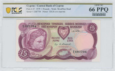 CYPRUS: 5 Pounds (1.6.1979) in violet on multicolor unpt. Limestone head from Hellenistic period at left and arms at upper center-right on face. S/N: ...