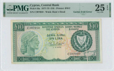 CYPRUS: 10 Pounds (1.6.1979) in dark green and blue-black on multicolor unpt. Archaic bust at left and arms at right on face. S/N: "C 397050". WMK: Mo...
