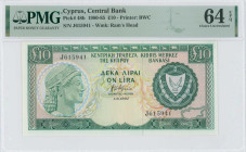 CYPRUS: 10 Pounds (1.6.1982) in dark green and blue-black on multicolor unpt. Archaic bust at left and arms at right on face. S/N: "J 615941". WMK: Mo...