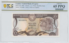 CYPRUS: 1 Pound (1.11.1982) in dark brown and multicolor. Mosaic of nymph Acme at right, arms at top center-left, bank name in outlined letters by dar...