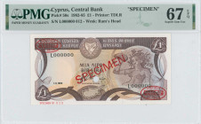 CYPRUS: Specimen of 1 Pound (1.11.1982) in dark brown and multicolor. Mosaic of nymph Acme at right, arms at top left center, bank name in outlined le...