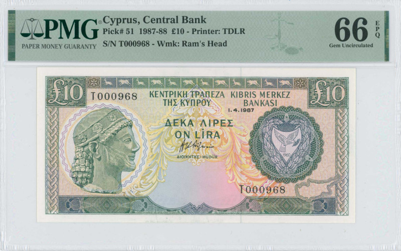 CYPRUS: 10 Pounds (1.4.1987) in dark green and blue-black on multicolor unpt. Ar...