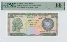 CYPRUS: 10 Pounds (1.4.1987) in dark green and blue-black on multicolor unpt. Archaic bust at left and coat of arms at right on face. S/N: "T 000968"....