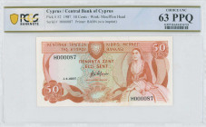 CYPRUS: 50 Cents (1.4.1987) in multicolor. Woman seated at right on face. Low S/N: "R000087". WMK: Moufflon head. Printed by (BABN). Inside holder by ...