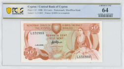 CYPRUS: 50 Cents (1.10.1988) in multicolor. Woman seated at right on face. S/N: "L 151893". WMK: Moufflon head. Printed by (BABN). Inside holder by PC...
