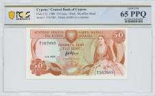 CYPRUS: 50 Cents (1.11.1989) in multicolor. Woman seated at right on face. S/N: "T 167085". WMK: Moufflon head. Printed by (BABN). Inside holder by PC...